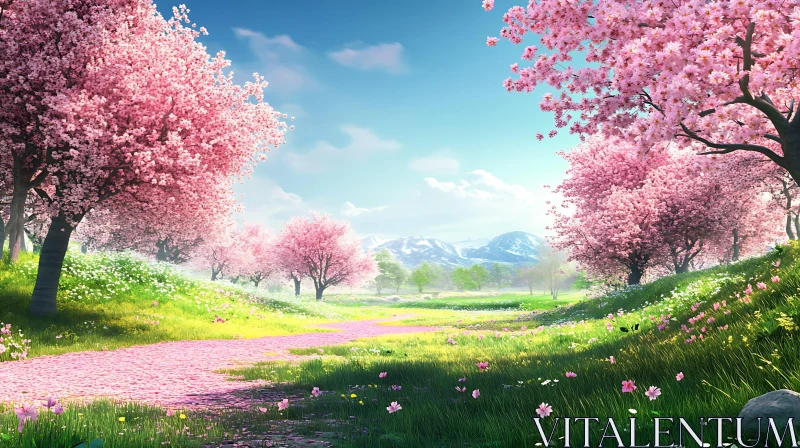 Spring Blossom Meadow with Mountains