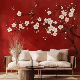 Red Wall with White Flowers Interior Design