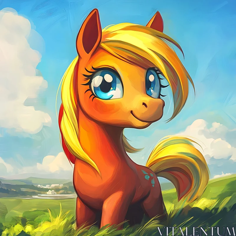 Animated Pony Portrait in Grassy Field