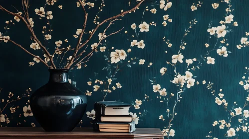 Floral Vase and Books Composition