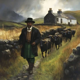 Rural Scottish Scene with Herdsman and Cattle