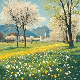 Floral Park with Blooming Trees and Distant Mountains