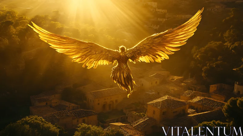 Angel with Golden Wings Over Cityscape