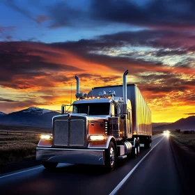 Semi-Truck Driving into the Sunset