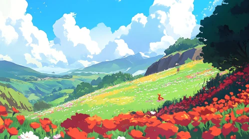 Idyllic Mountain Meadow with Blooming Flowers