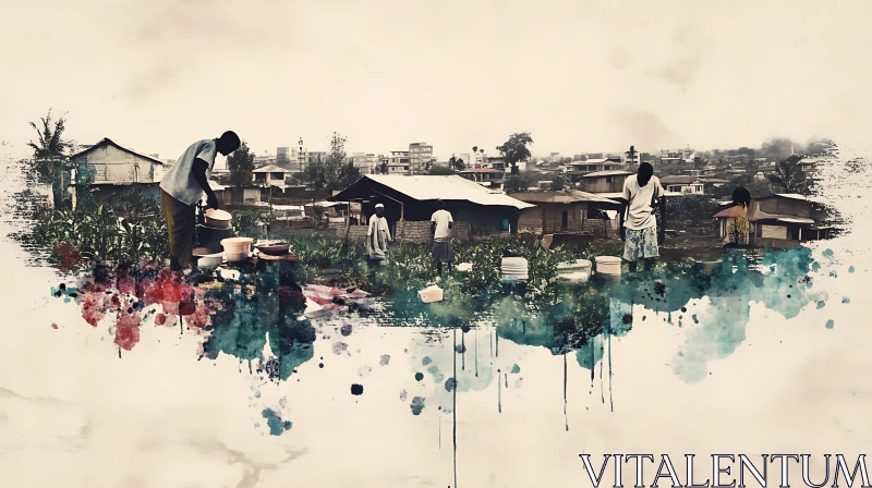 Daily Life in Village, Watercolor Style