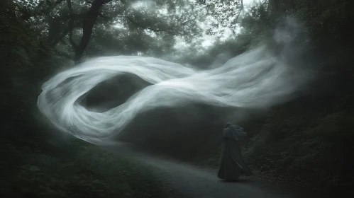 Shrouded Figure in Foggy Forest