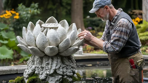 Man Working on a Lotus Sculpture