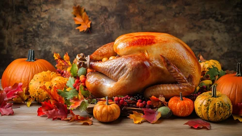 Roasted Turkey with Pumpkins and Fall Foliage