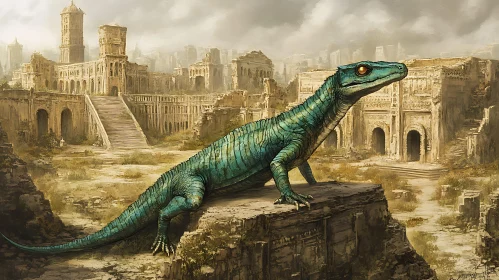Turquoise Lizard on Stone Ruins