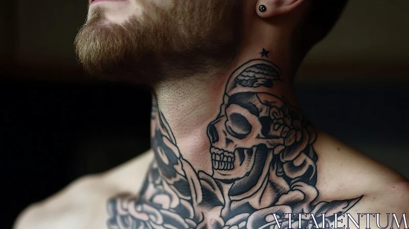 Detailed Skull and Flower Neck Tattoo Design AI Image