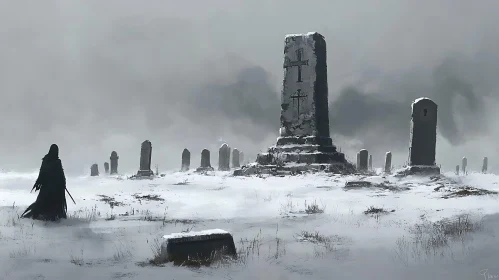 Snowy Graveyard with Cloaked Figure