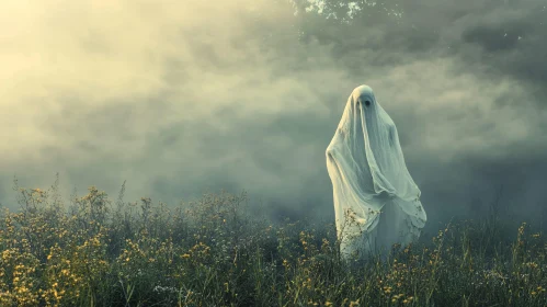 Ghostly Figure in Foggy Landscape
