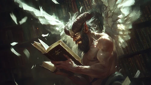 Horned Demon with Wings Reads Book