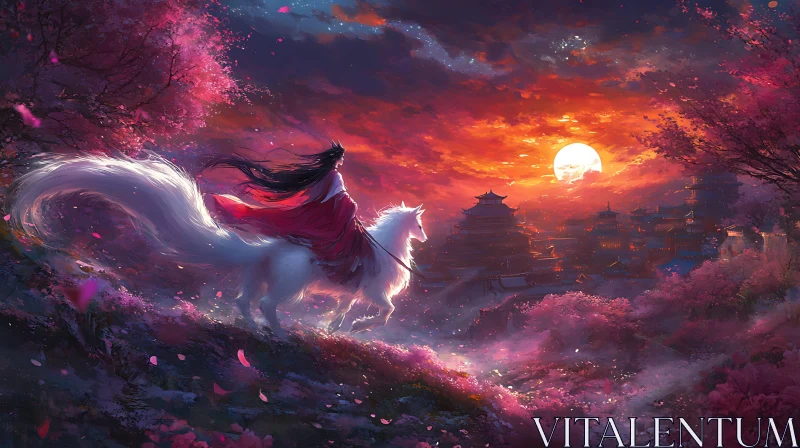 Woman on Horse in Blossom Landscape