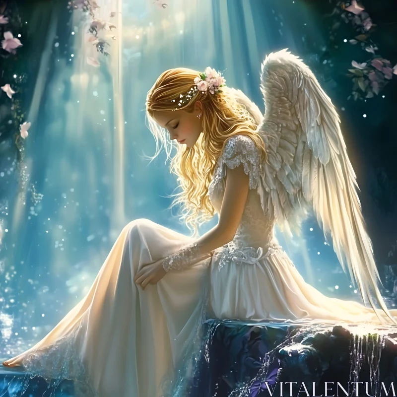Blonde Angel with Wings in Light AI Image