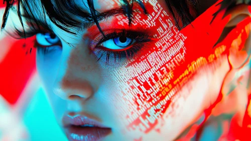 Technological Art with Blue Eyes and Light Projection