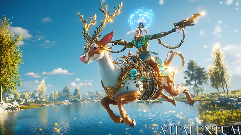 Mystical Deer and Rider over Lake