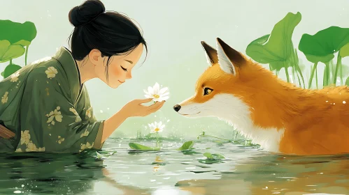 Tranquil Moment: Girl, Fox, and Water Lily