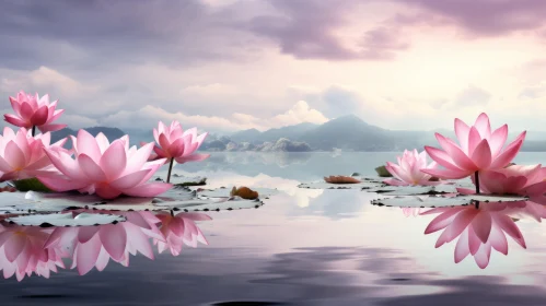 Serene Pink Lotus in Mountain Landscape - Ethereal 3D Art