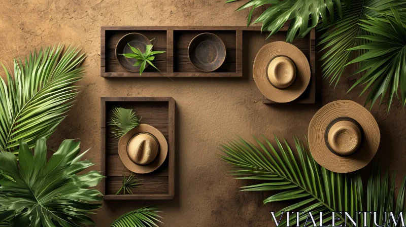 Tranquil Still Life with Straw Hats and Wooden Boxes on Sandy Background AI Image