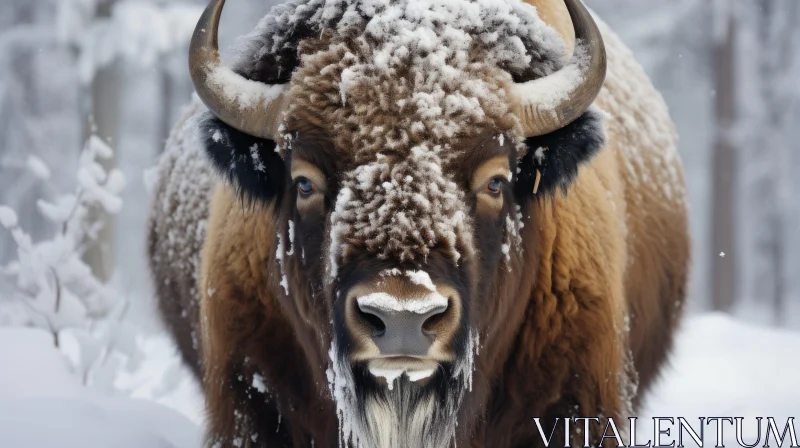 Winter Wilderness: Bison Standing in a Snow Covered Forest AI Image
