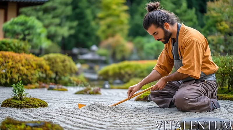 Man Raking Sand in Tranquil Garden AI Image