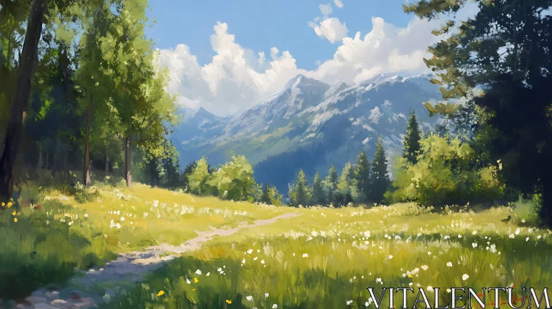 Mountain View Meadow Landscape Painting AI Image