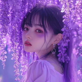 Dreamy Portrait of Woman in Wisteria Garden