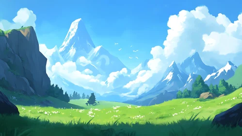Picturesque Mountain Landscape with Green Field