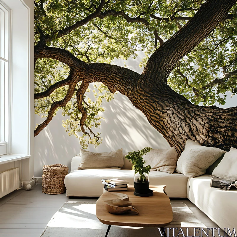 Tree Mural in Modern Living Room AI Image