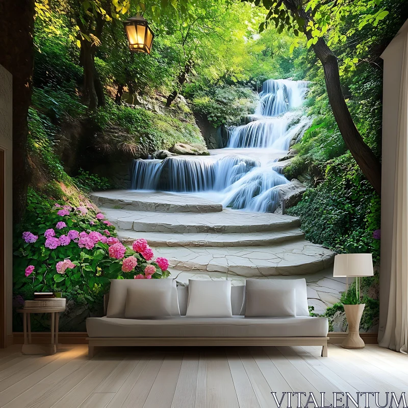 AI ART Lush Waterfall Backdrop in Interior