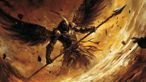 Winged Warrior in Fiery Landscape