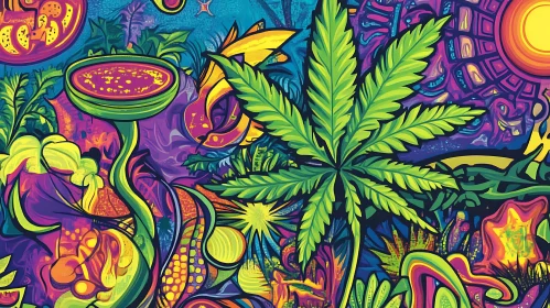 Vibrant Psychedelic Art Featuring Abstract Plants and Cannabis