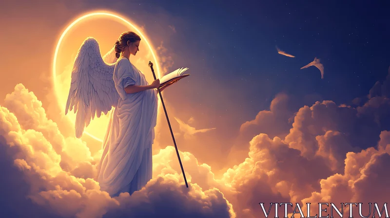 Celestial Angel Reading in the Clouds AI Image