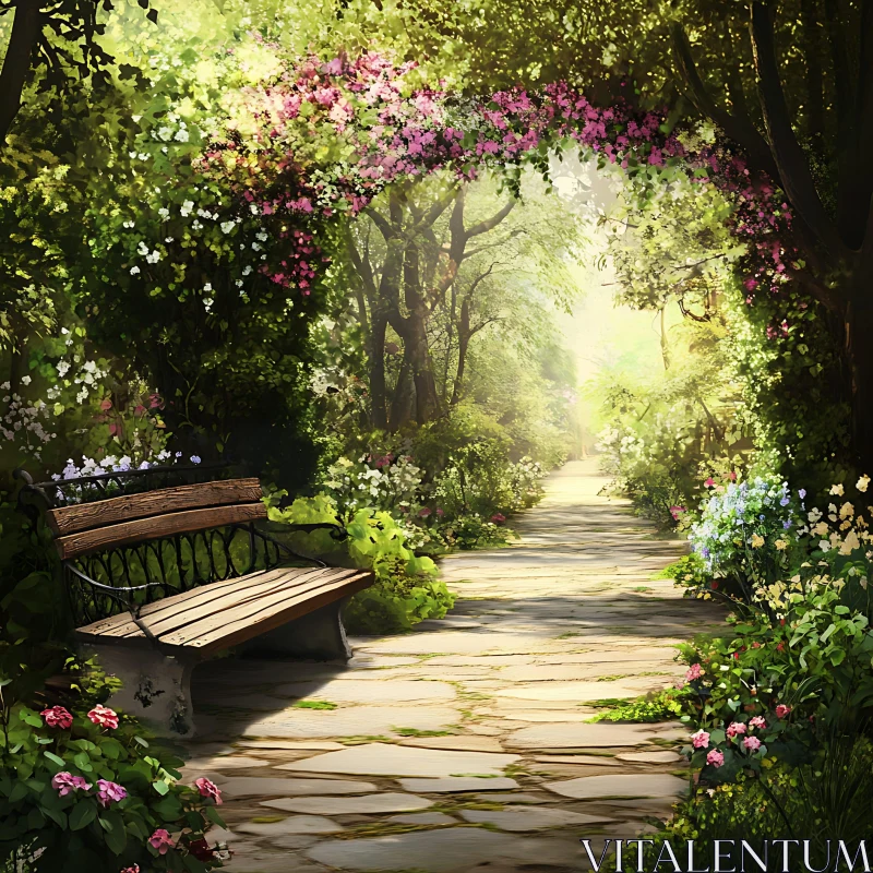 Floral Archway in a Peaceful Garden Setting AI Image