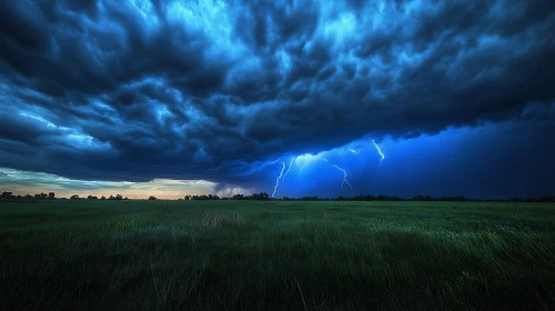 Lightning Strikes Over Green Field