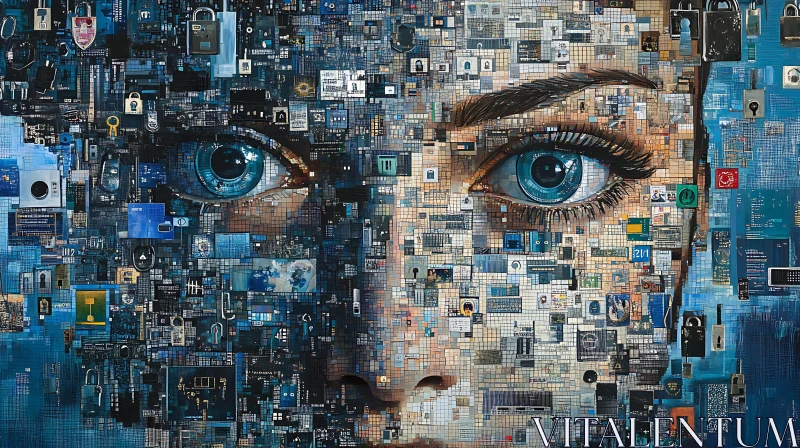 Digital Mosaic Face Art in Shades of Blue and Grey AI Image