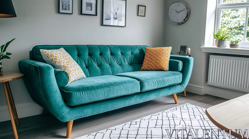 AI ART Stylish Teal Velvet Sofa with Cushions