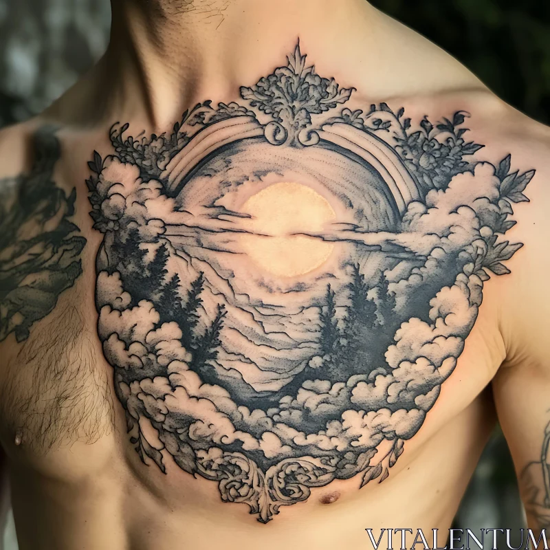 Detailed Sunrise Chest Tattoo AI Image