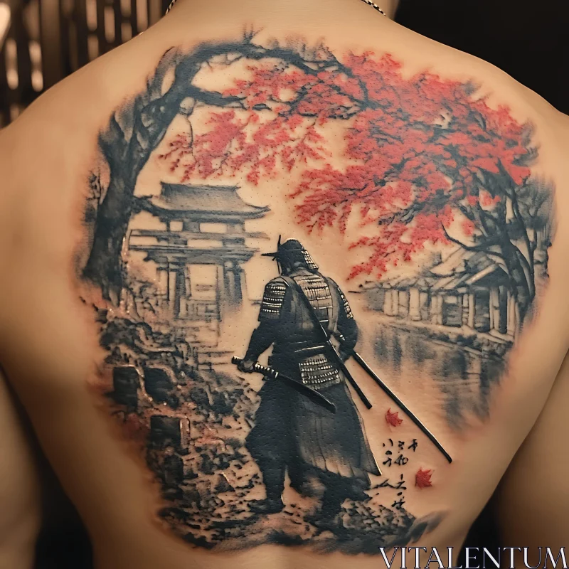 Samurai Ink Art with Japanese Torii and Autumn Leaves AI Image