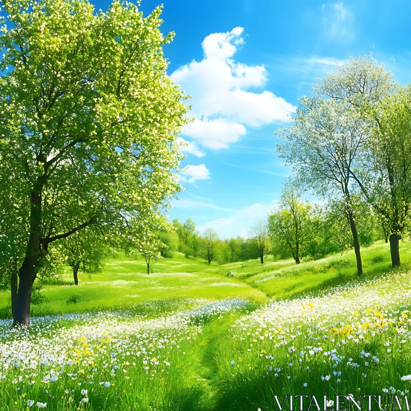 Blossoming Meadow Under Azure Skies AI Image