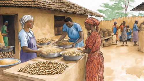 Community Market: Daily Activities and Grain Preparation