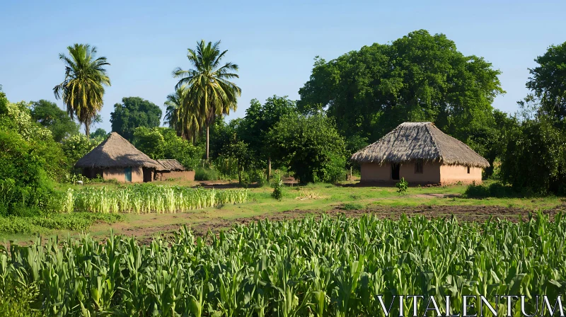 AI ART Tranquil Rural Scene with Traditional Huts