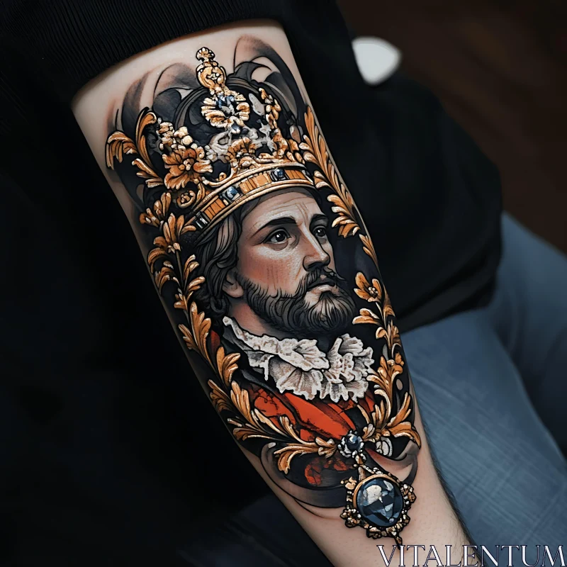 Detailed Portrait of a King Tattoo on Arm AI Image