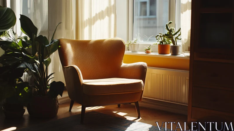 Sunlit Armchair and Plants in Room AI Image