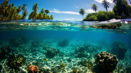 Captivating Underwater View: Coral Reefs and Coconut Palms