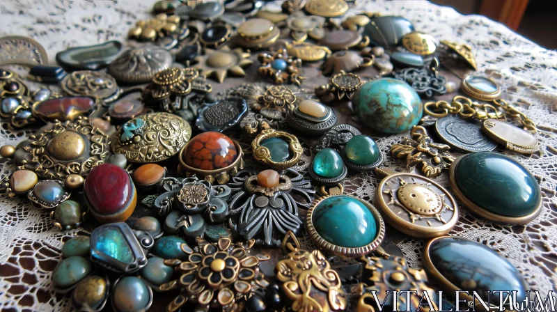 Close-up of Vintage Jewelry and Buttons on White Lace Fabric AI Image