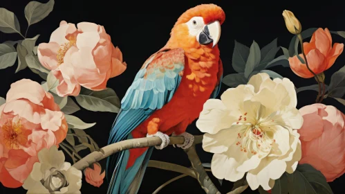 Colorful Parrot Amidst Blooming Flowers - Large Scale Artwork