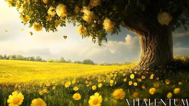 AI ART A Yellow Meadow with Flowers and Tree